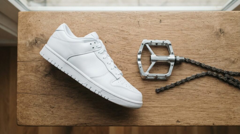 Flat lay overhead shot of a white Nike Dunk sneaker next to