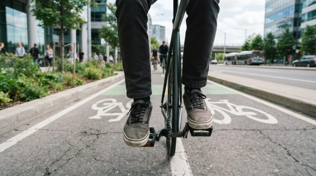 Urban commuter cyclists perspective: feet in casual Nike sn