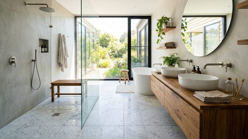 Wide-angle photograph of a sustainable modern bathroom with