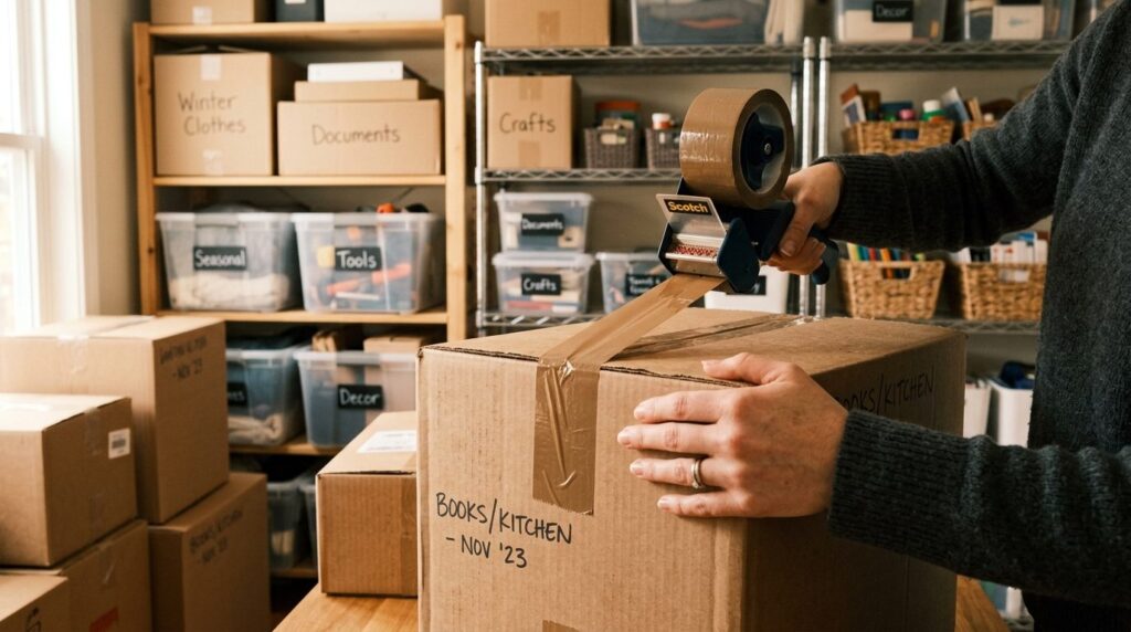 Close-up detail shot of cardboard boxes being sealed with br