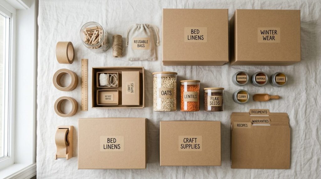 Flat lay composition of sustainable storage solutions featur