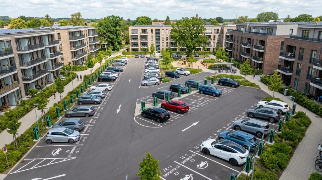 Overhead wide-angle view of a residential buildings shared 