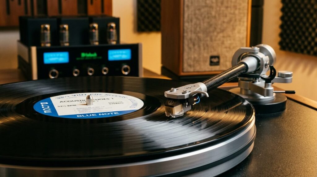 Close-up detail shot of vinyl record player tonearm and need