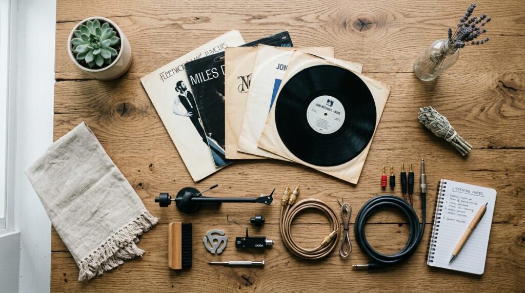 Flat lay overhead view of vintage vinyl records, turntable c