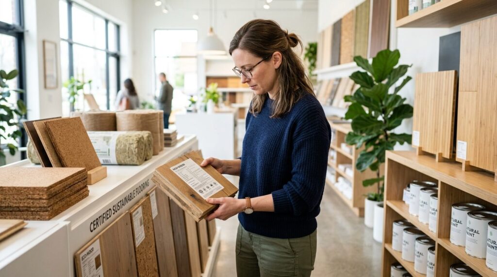 Husejer ser på papir med materialeinformation mens han står indendørs.